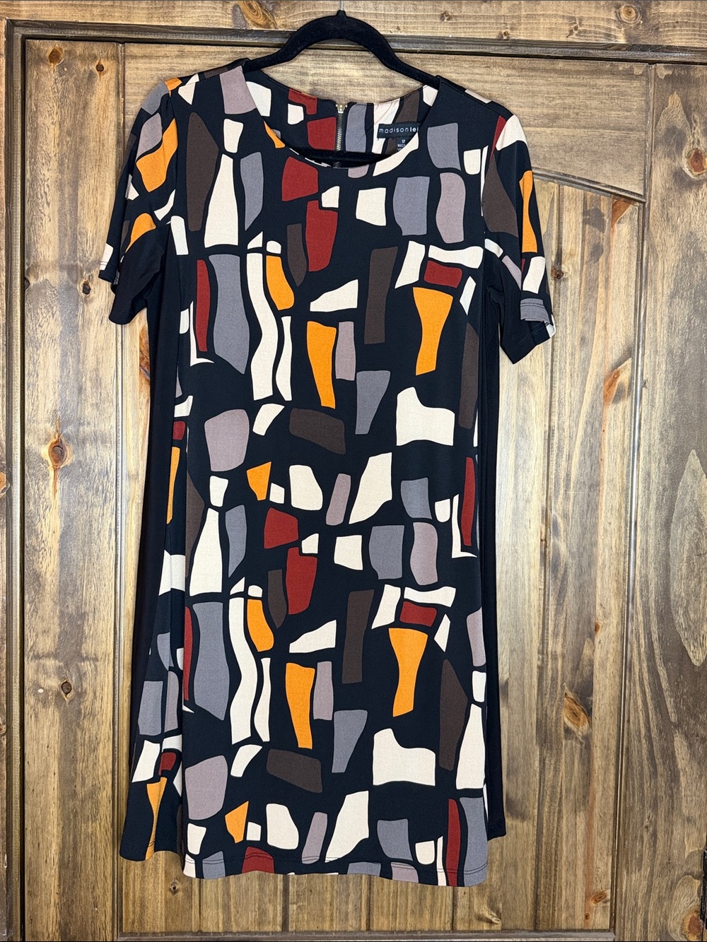 madison leigh Black Midi Dress with Red, Mustard & Gray Abstract Print